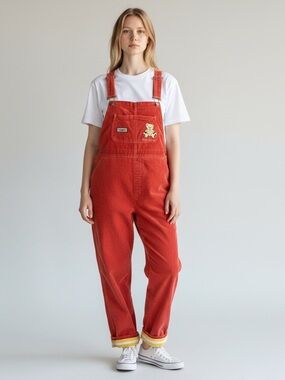 Orange Corduroy Women's Overalls S-M with Teddy Bear Cute Y2K